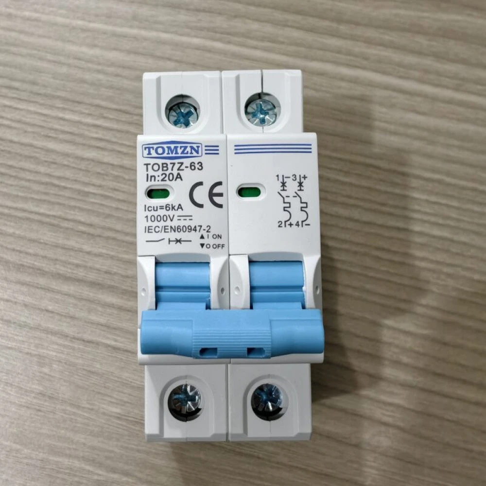 TOMZN 2P DC Circuit Breaker 20A- 12V-1000V Wide RangeDC MCB for PV System (TOMZN TOB7Z-63)